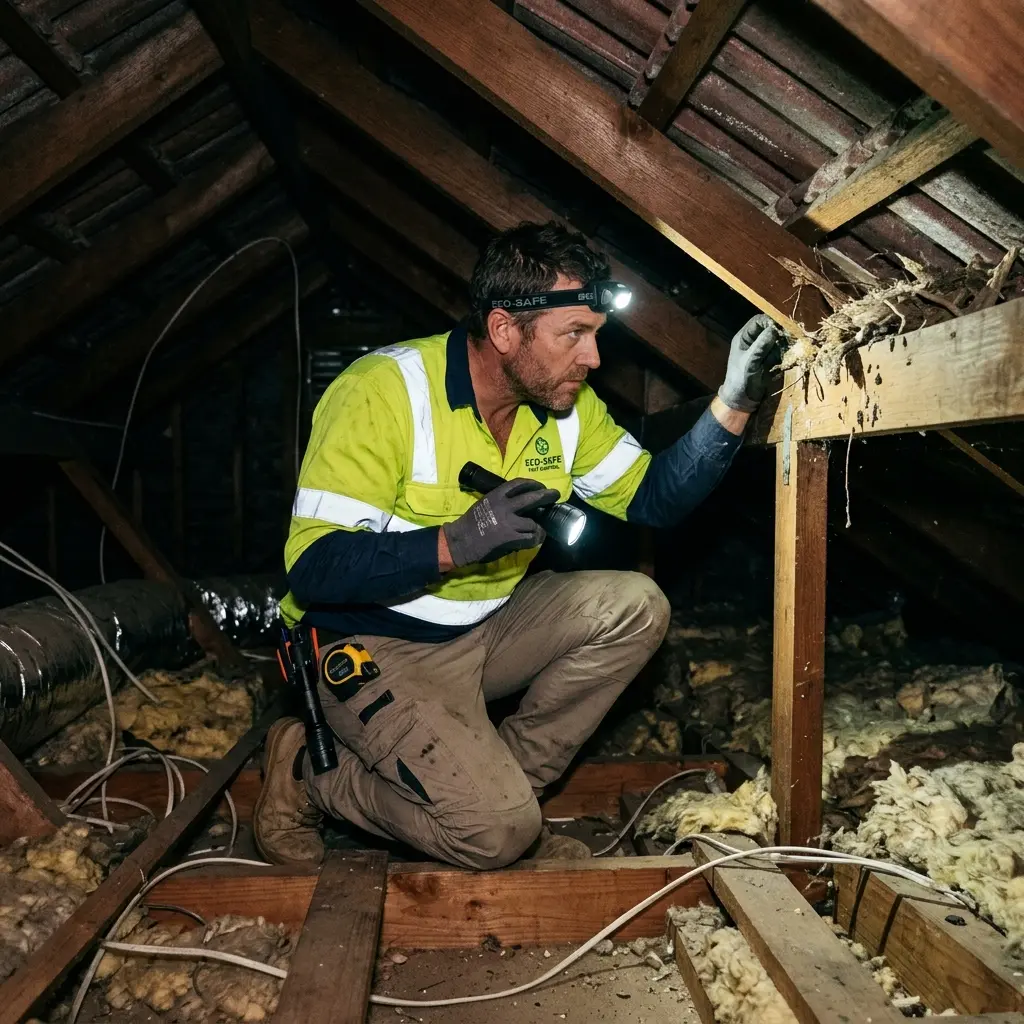 Technician inspecting a roof cavity for a dead animal in Mount Pleasant
