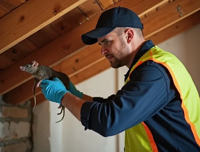 Technician inspecting a roof cavity for a dead rat in Mount Pleasant